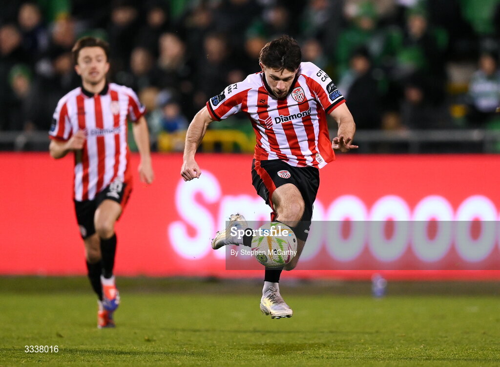 31 January 2026; Adam O'Reilly of Derry City during the 2026 Men's President's Cup final match between Shamrock Rovers and Derry City at Tallaght Stadium in Dublin. Photo by Stephen McCarthy/Sportsfile