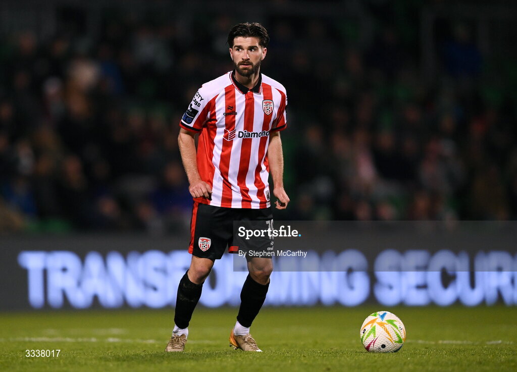 31 January 2026; Alex Bannon of Derry City during the 2026 Men's President's Cup final match between Shamrock Rovers and Derry City at Tallaght Stadium in Dublin. Photo by Stephen McCarthy/Sportsfile
