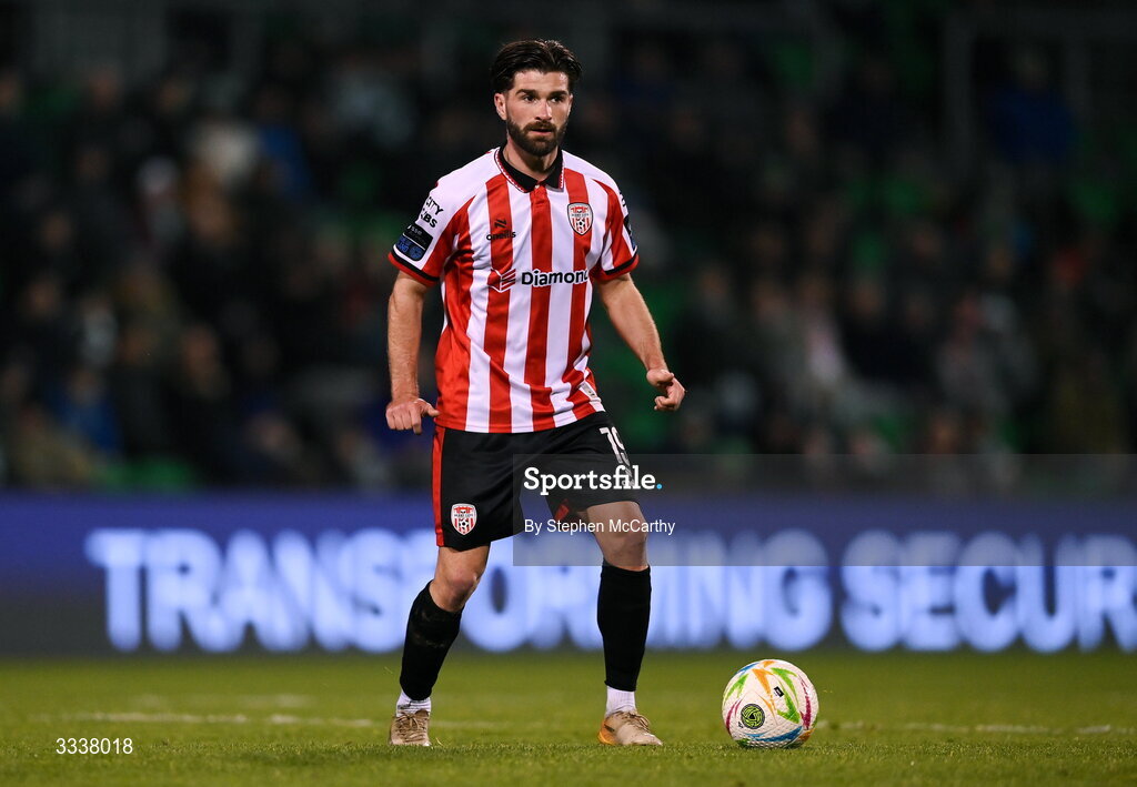 31 January 2026; Alex Bannon of Derry City during the 2026 Men's President's Cup final match between Shamrock Rovers and Derry City at Tallaght Stadium in Dublin. Photo by Stephen McCarthy/Sportsfile
