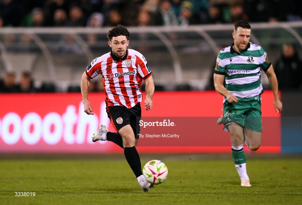 31 January 2026; Adam O'Reilly of Derry City during the 2026 Men's President's Cup final match between Shamrock Rovers and Derry City at Tallaght Stadium in Dublin. Photo by Stephen McCarthy/Sportsfile