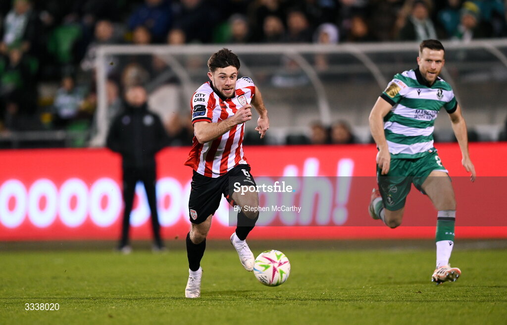 31 January 2026; Adam O'Reilly of Derry City during the 2026 Men's President's Cup final match between Shamrock Rovers and Derry City at Tallaght Stadium in Dublin. Photo by Stephen McCarthy/Sportsfile