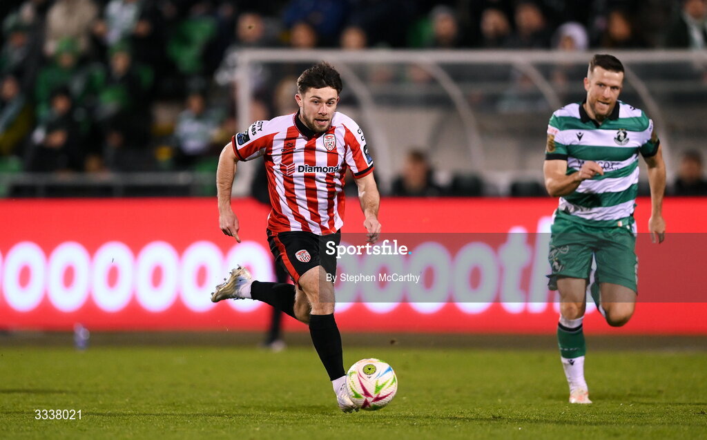 31 January 2026; Adam O'Reilly of Derry City during the 2026 Men's President's Cup final match between Shamrock Rovers and Derry City at Tallaght Stadium in Dublin. Photo by Stephen McCarthy/Sportsfile