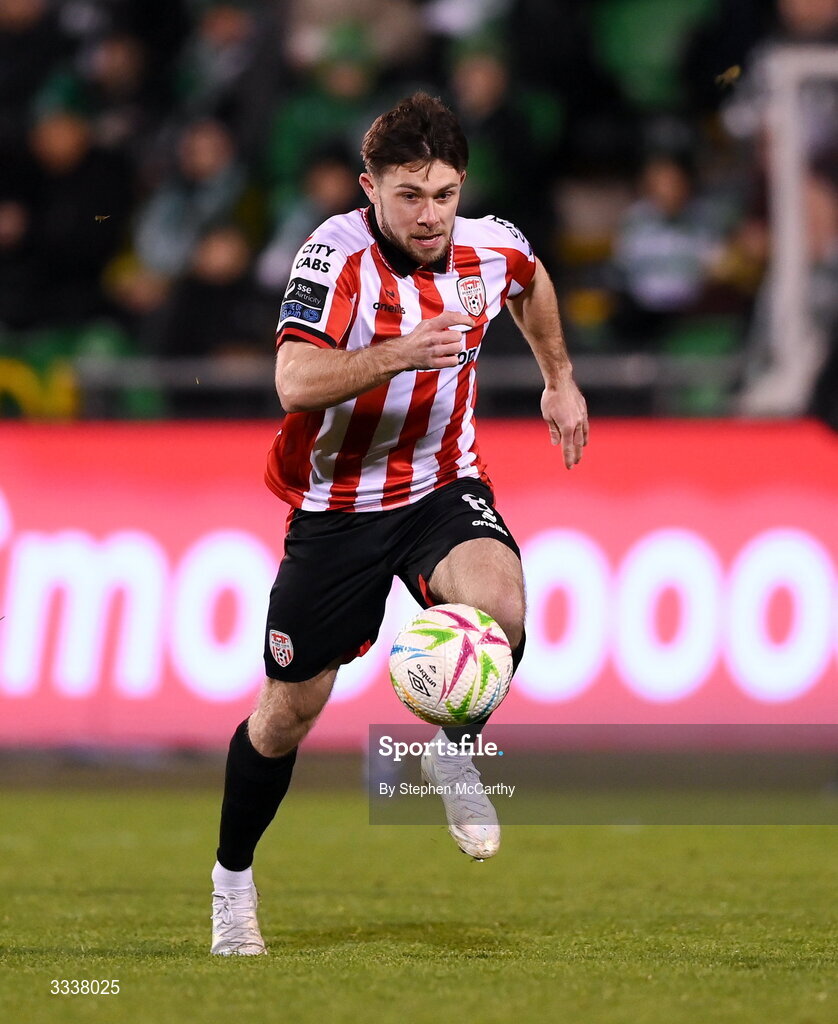 31 January 2026; Adam O'Reilly of Derry City during the 2026 Men's President's Cup final match between Shamrock Rovers and Derry City at Tallaght Stadium in Dublin. Photo by Stephen McCarthy/Sportsfile