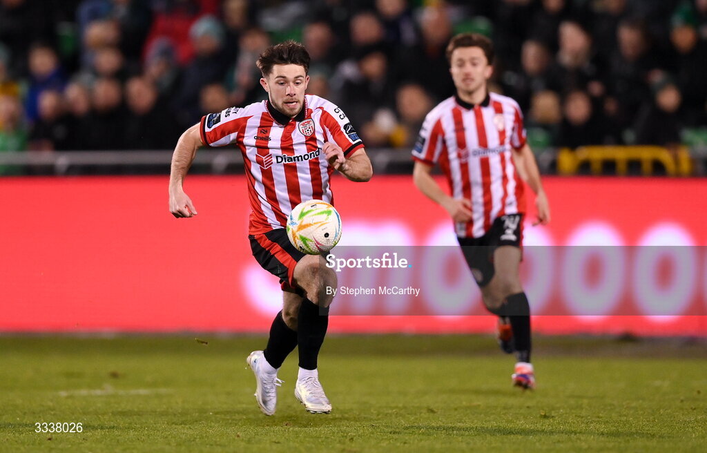 31 January 2026; Adam O'Reilly of Derry City during the 2026 Men's President's Cup final match between Shamrock Rovers and Derry City at Tallaght Stadium in Dublin. Photo by Stephen McCarthy/Sportsfile