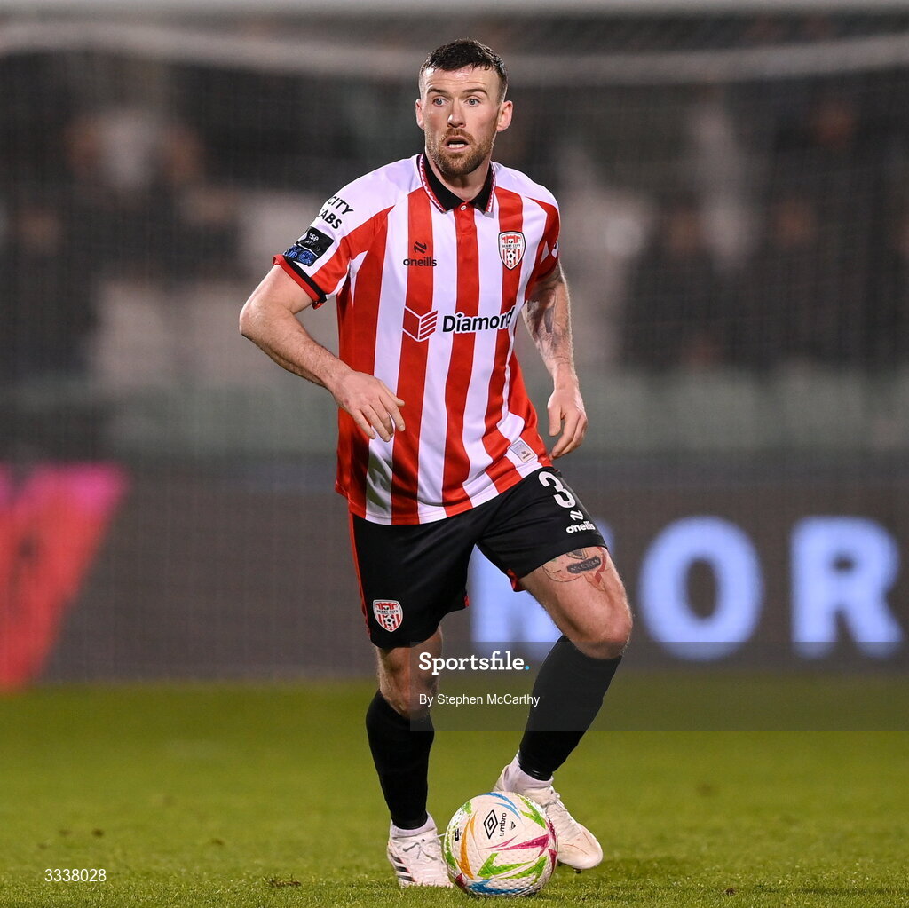 31 January 2026; Patrick McClean of Derry City during the 2026 Men's President's Cup final match between Shamrock Rovers and Derry City at Tallaght Stadium in Dublin. Photo by Stephen McCarthy/Sportsfile