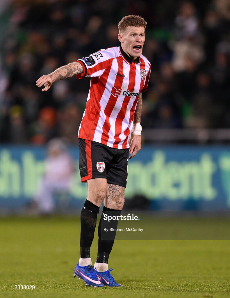31 January 2026; James McClean of Derry City during the 2026 Men's President's Cup final match between Shamrock Rovers and Derry City at Tallaght Stadium in Dublin. Photo by Stephen McCarthy/Sportsfile