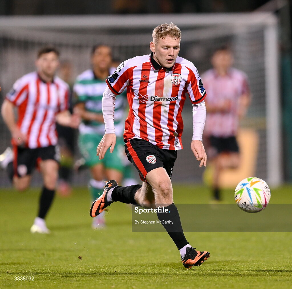 31 January 2026; Josh Thomas of Derry City during the 2026 Men's President's Cup final match between Shamrock Rovers and Derry City at Tallaght Stadium in Dublin. Photo by Stephen McCarthy/Sportsfile