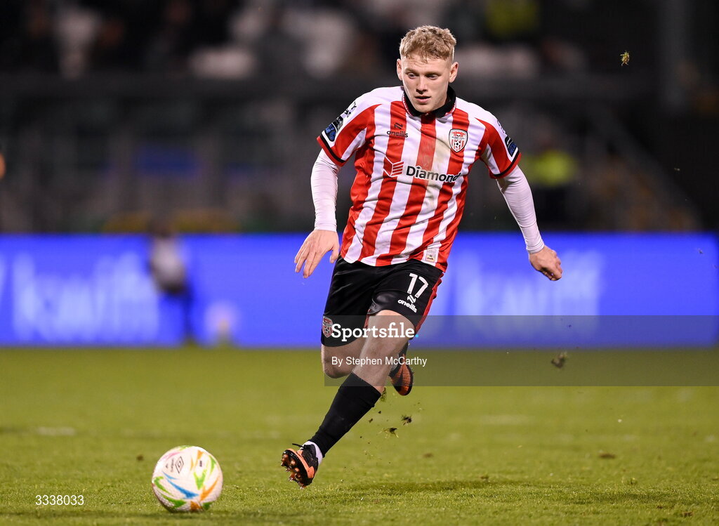 31 January 2026; Josh Thomas of Derry City during the 2026 Men's President's Cup final match between Shamrock Rovers and Derry City at Tallaght Stadium in Dublin. Photo by Stephen McCarthy/Sportsfile