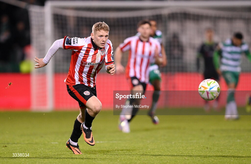 31 January 2026; Josh Thomas of Derry City during the 2026 Men's President's Cup final match between Shamrock Rovers and Derry City at Tallaght Stadium in Dublin. Photo by Stephen McCarthy/Sportsfile