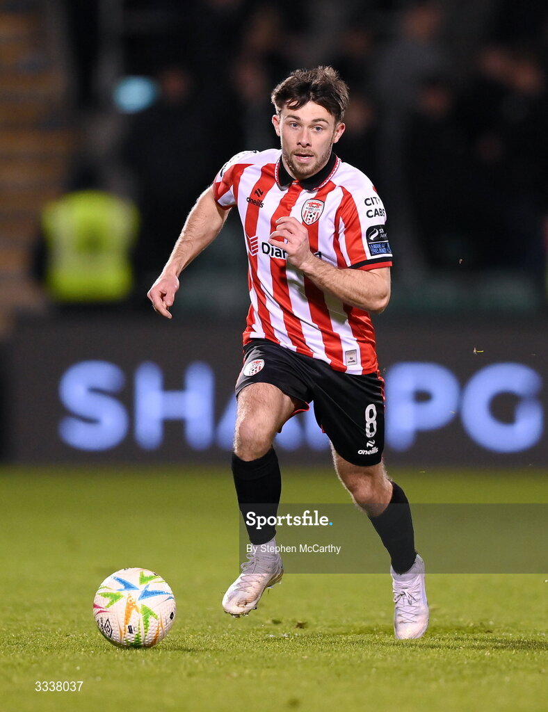 31 January 2026; Adam O'Reilly of Derry City during the 2026 Men's President's Cup final match between Shamrock Rovers and Derry City at Tallaght Stadium in Dublin. Photo by Stephen McCarthy/Sportsfile