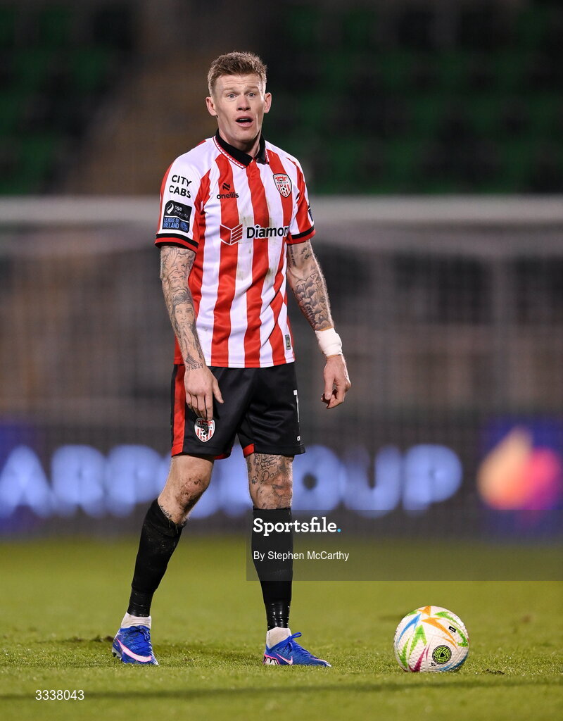 31 January 2026; James McClean of Derry City during the 2026 Men's President's Cup final match between Shamrock Rovers and Derry City at Tallaght Stadium in Dublin. Photo by Stephen McCarthy/Sportsfile