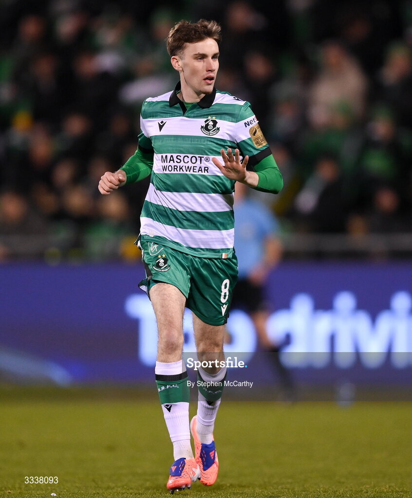 31 January 2026; Matt Healy of Shamrock Rovers during the 2026 Men's President's Cup final match between Shamrock Rovers and Derry City at Tallaght Stadium in Dublin. Photo by Stephen McCarthy/Sportsfile