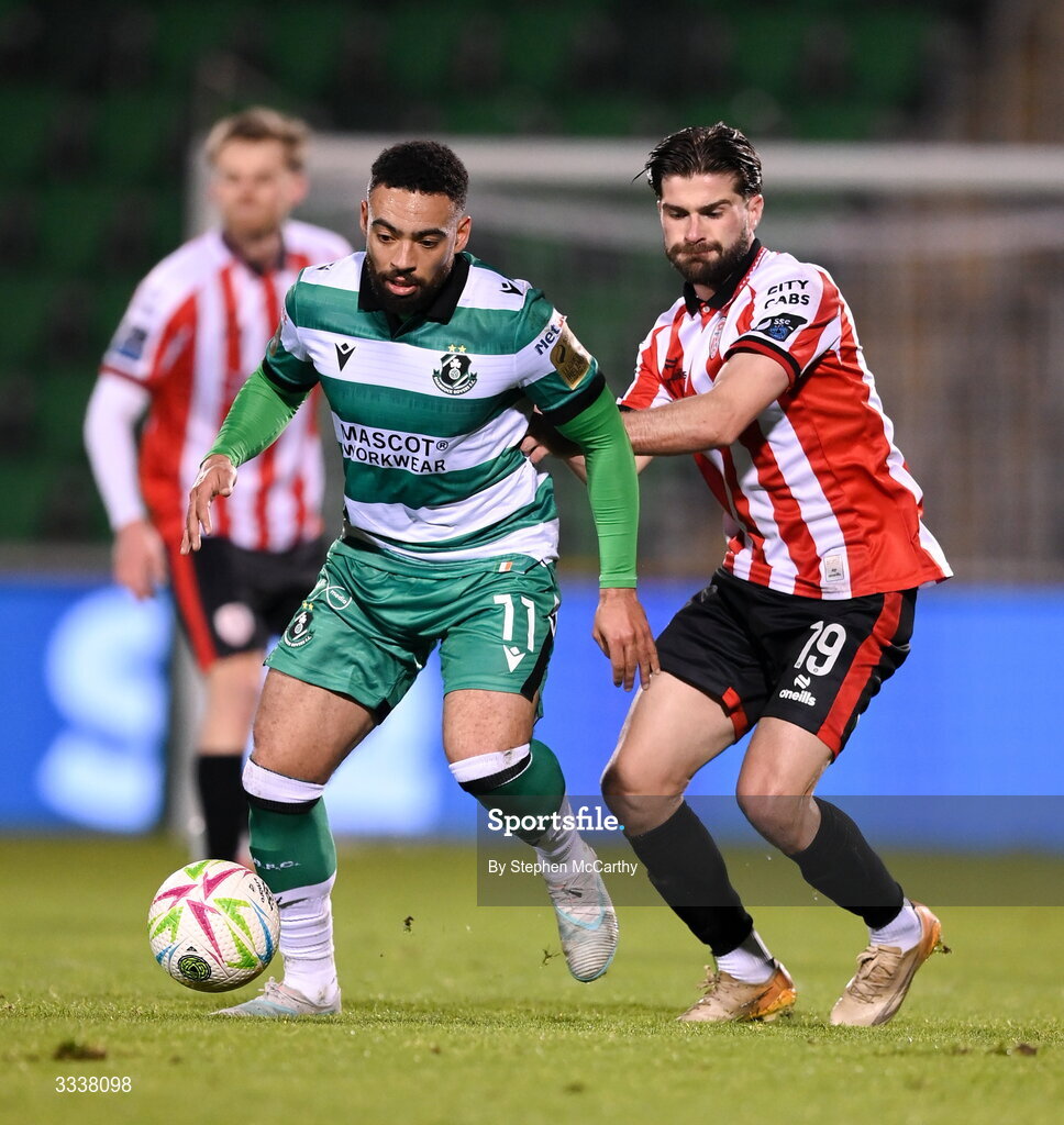 31 January 2026; Jake Mulraney of Shamrock Rovers in action against Alex Bannon of Derry City during the 2026 Men's President's Cup final match between Shamrock Rovers and Derry City at Tallaght Stadium in Dublin. Photo by Stephen McCarthy/Sportsfile