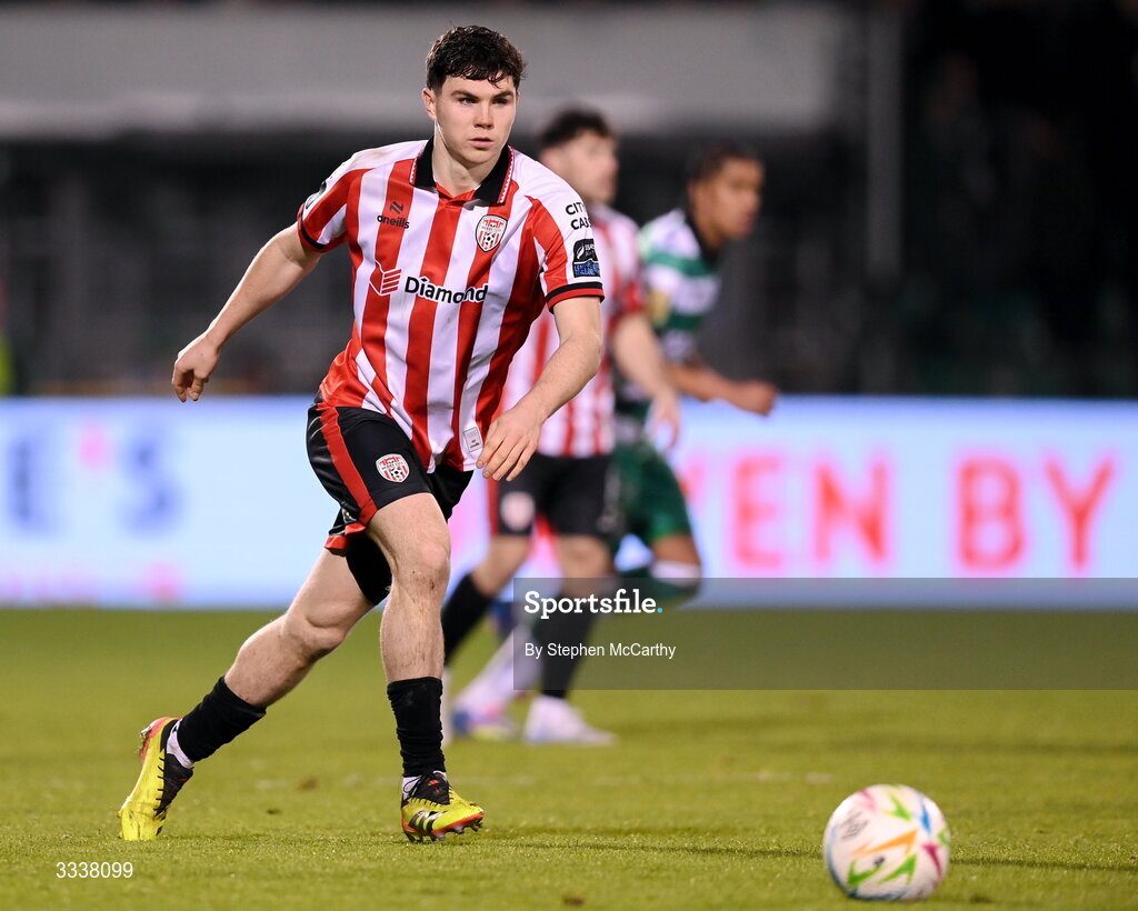 31 January 2026; James Clarke of Derry City during the 2026 Men's President's Cup final match between Shamrock Rovers and Derry City at Tallaght Stadium in Dublin. Photo by Stephen McCarthy/Sportsfile
