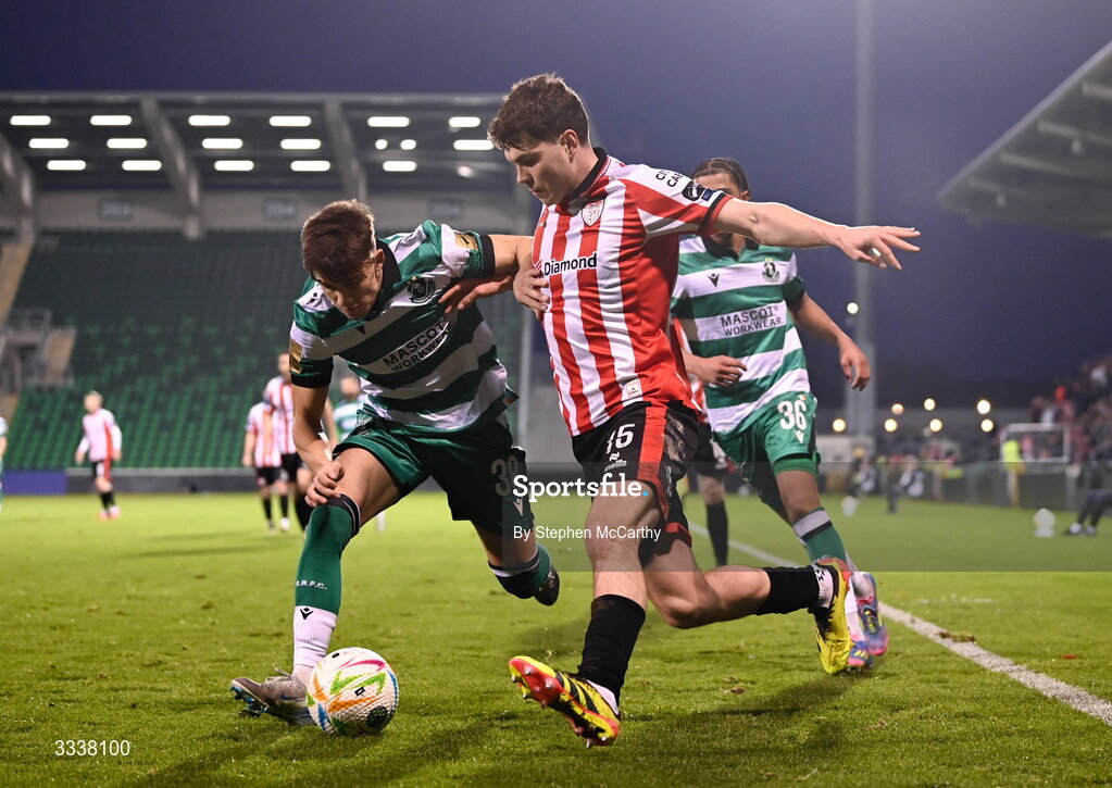 31 January 2026; James Clarke of Derry City in action against Max Kovalevskis of Shamrock Rovers during the 2026 Men's President's Cup final match between Shamrock Rovers and Derry City at Tallaght Stadium in Dublin. Photo by Stephen McCarthy/Sportsfile