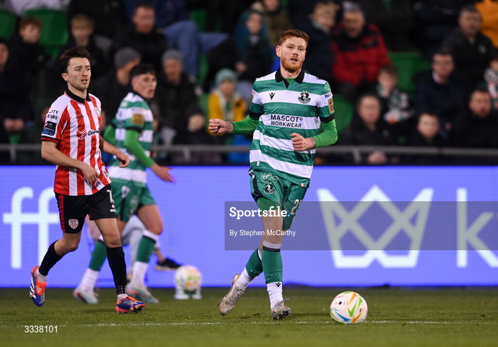 31 January 2026; Connor Malley of Shamrock Rovers during the 2026 Men's President's Cup final match between Shamrock Rovers and Derry City at Tallaght Stadium in Dublin. Photo by Stephen McCarthy/Sportsfile