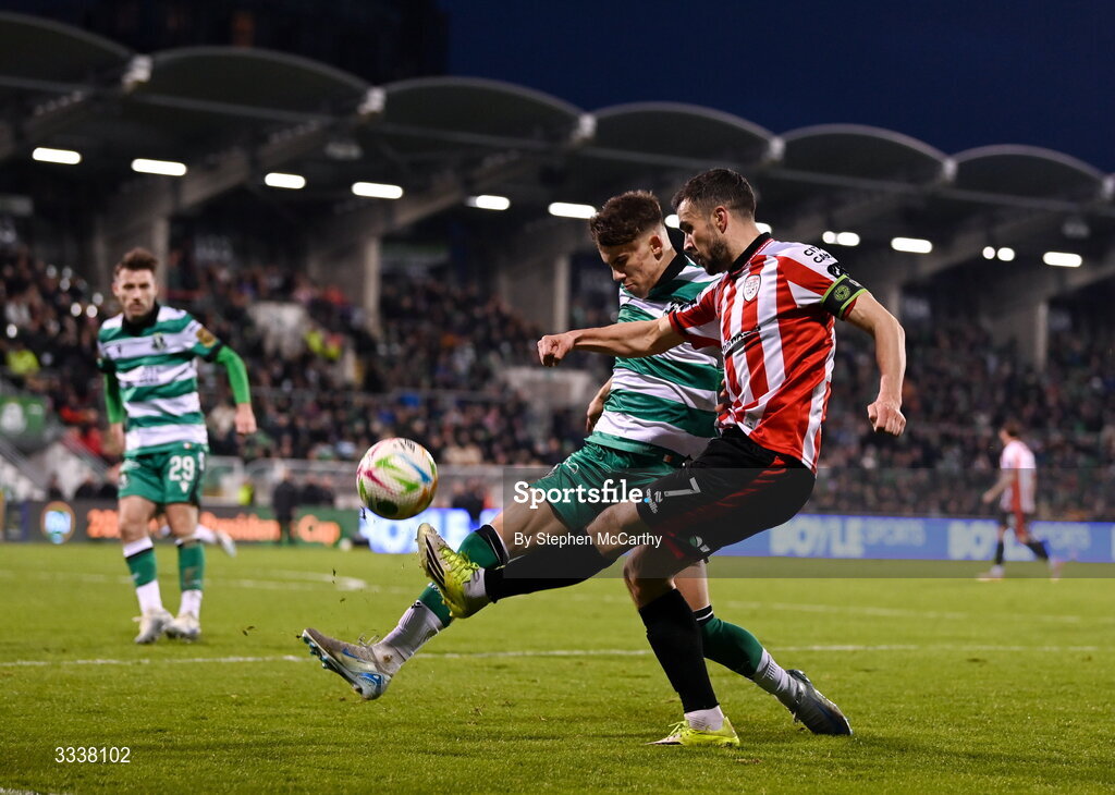 31 January 2026; Michael Duffy of Derry City in action against Max Kovalevskis of Shamrock Rovers during the 2026 Men's President's Cup final match between Shamrock Rovers and Derry City at Tallaght Stadium in Dublin. Photo by Stephen McCarthy/Sportsfile