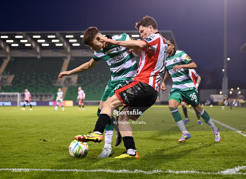 31 January 2026; James Clarke of Derry City in action against Max Kovalevskis of Shamrock Rovers during the 2026 Men's President's Cup final match between Shamrock Rovers and Derry City at Tallaght Stadium in Dublin. Photo by Stephen McCarthy/Sportsfile
