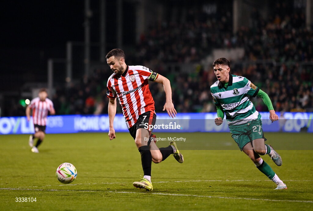 31 January 2026; Michael Duffy of Derry City in action against Cory O'Sullivan of Shamrock Rovers during the 2026 Men's President's Cup final match between Shamrock Rovers and Derry City at Tallaght Stadium in Dublin. Photo by Stephen McCarthy/Sportsfile