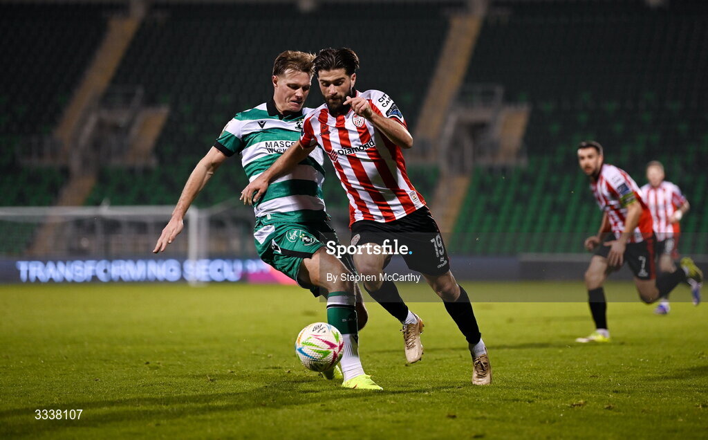 31 January 2026; Brandon Fleming of Derry City in action against Daniel Cleary of Shamrock Rovers during the 2026 Men's President's Cup final match between Shamrock Rovers and Derry City at Tallaght Stadium in Dublin. Photo by Stephen McCarthy/Sportsfile