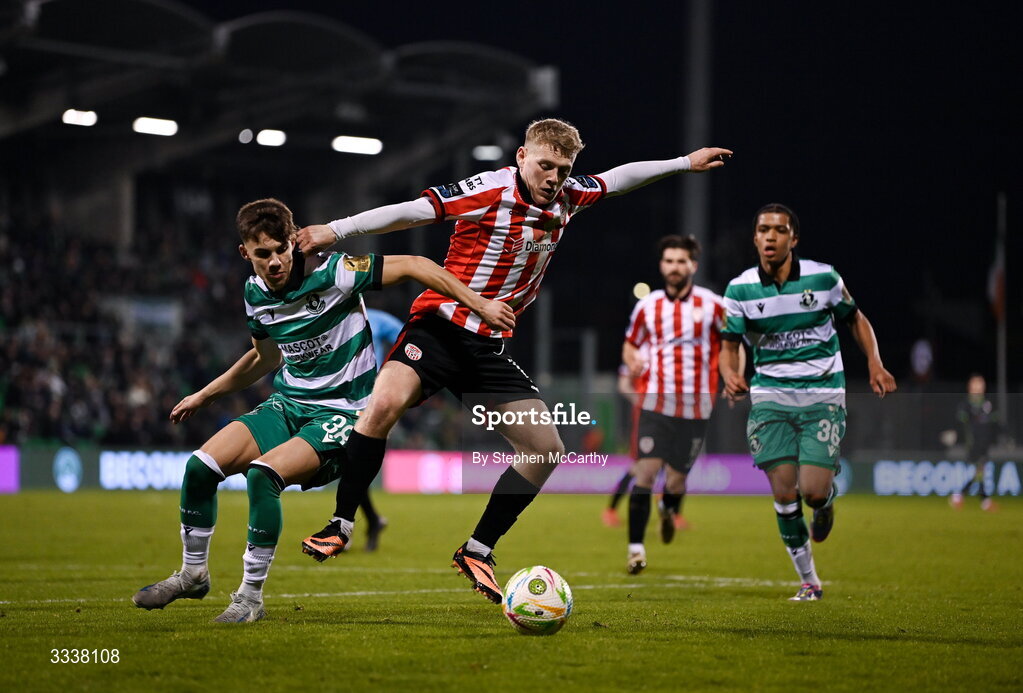 31 January 2026; Josh Thomas of Derry City in action against Max Kovalevskis of Shamrock Rovers during the 2026 Men's President's Cup final match between Shamrock Rovers and Derry City at Tallaght Stadium in Dublin. Photo by Stephen McCarthy/Sportsfile