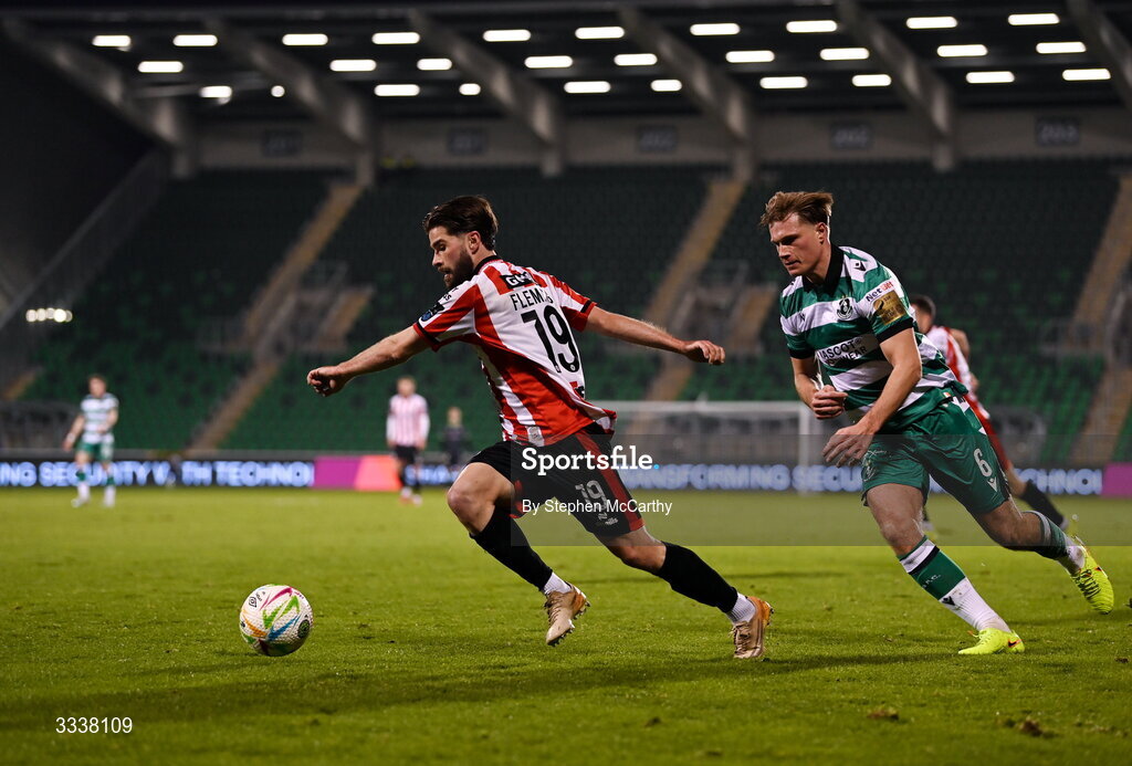 31 January 2026; Brandon Fleming of Derry City in action against Daniel Cleary of Shamrock Rovers during the 2026 Men's President's Cup final match between Shamrock Rovers and Derry City at Tallaght Stadium in Dublin. Photo by Stephen McCarthy/Sportsfile