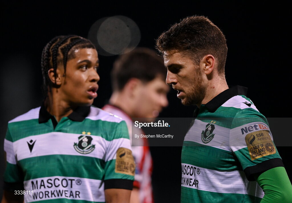 31 January 2026; Dylan Watts and Victor Ozhianvuna, left, of Shamrock Rovers during the 2026 Men's President's Cup final match between Shamrock Rovers and Derry City at Tallaght Stadium in Dublin. Photo by Stephen McCarthy/Sportsfile