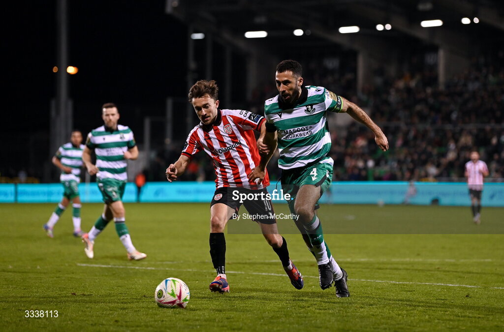 31 January 2026; Roberto Lopes of Shamrock Rovers in action against Darragh Markey of Derry City during the 2026 Men's President's Cup final match between Shamrock Rovers and Derry City at Tallaght Stadium in Dublin. Photo by Stephen McCarthy/Sportsfile