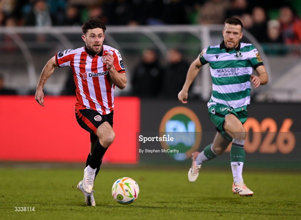 31 January 2026; Adam O'Reilly of Derry City during the 2026 Men's President's Cup final match between Shamrock Rovers and Derry City at Tallaght Stadium in Dublin. Photo by Stephen McCarthy/Sportsfile