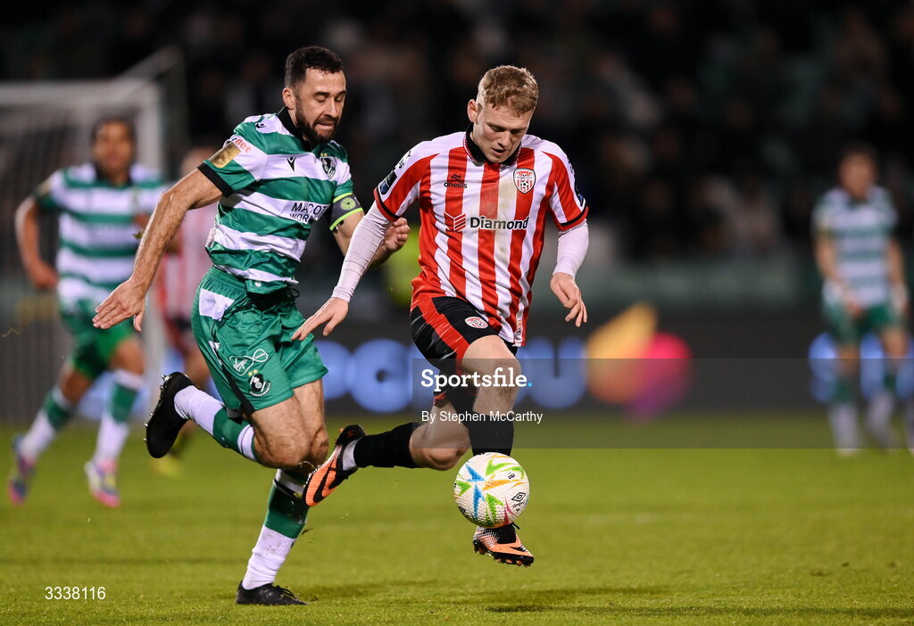 31 January 2026; Josh Thomas of Derry City during the 2026 Men's President's Cup final match between Shamrock Rovers and Derry City at Tallaght Stadium in Dublin. Photo by Stephen McCarthy/Sportsfile