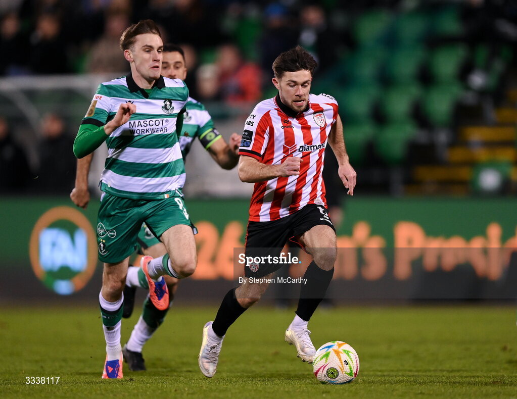 31 January 2026; Adam O'Reilly of Derry City in action against Matt Healy of Shamrock Rovers during the 2026 Men's President's Cup final match between Shamrock Rovers and Derry City at Tallaght Stadium in Dublin. Photo by Stephen McCarthy/Sportsfile