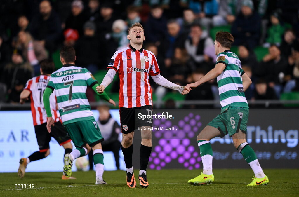 31 January 2026; Josh Thomas of Derry City reacts to a missed opportunity on goal during the 2026 Men's President's Cup final match between Shamrock Rovers and Derry City at Tallaght Stadium in Dublin. Photo by Stephen McCarthy/Sportsfile