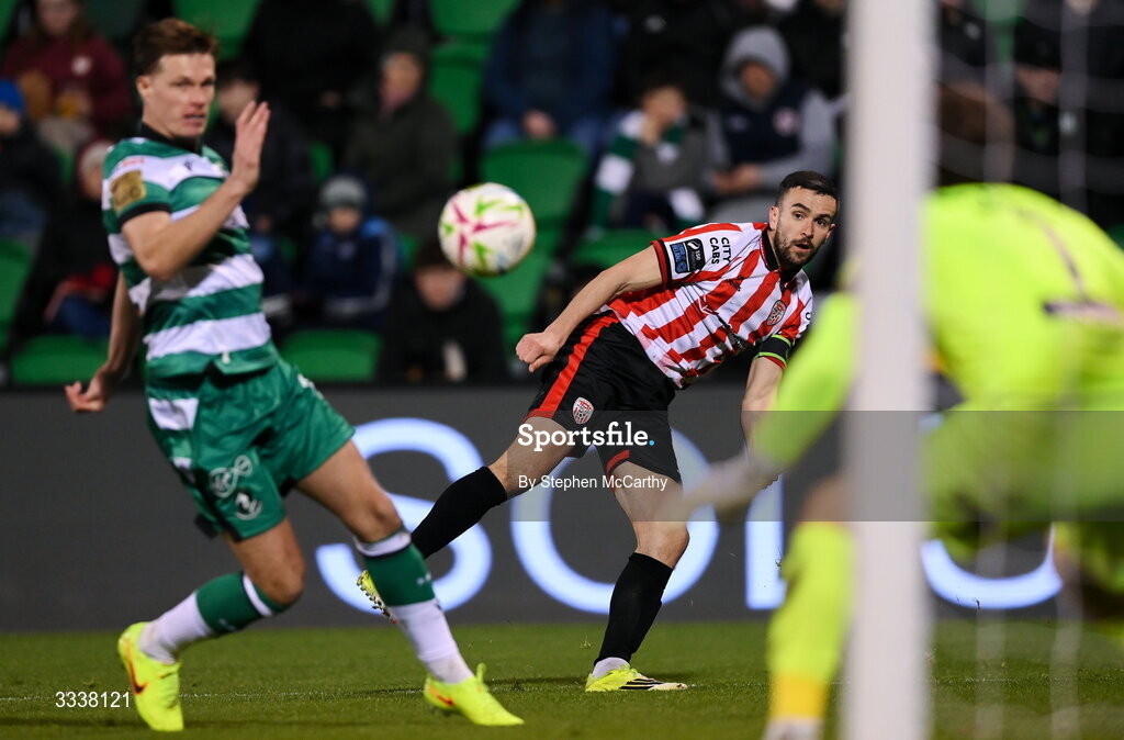 31 January 2026; Michael Duffy of Derry City during the 2026 Men's President's Cup final match between Shamrock Rovers and Derry City at Tallaght Stadium in Dublin. Photo by Stephen McCarthy/Sportsfile