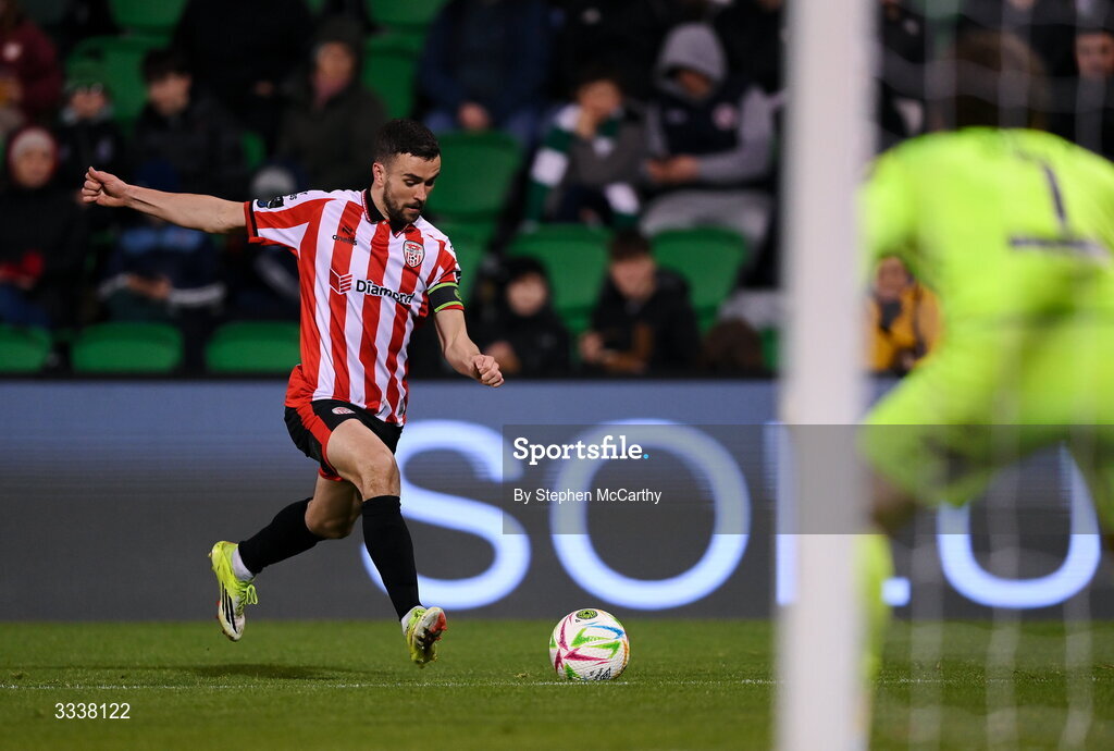 31 January 2026; Michael Duffy of Derry City during the 2026 Men's President's Cup final match between Shamrock Rovers and Derry City at Tallaght Stadium in Dublin. Photo by Stephen McCarthy/Sportsfile