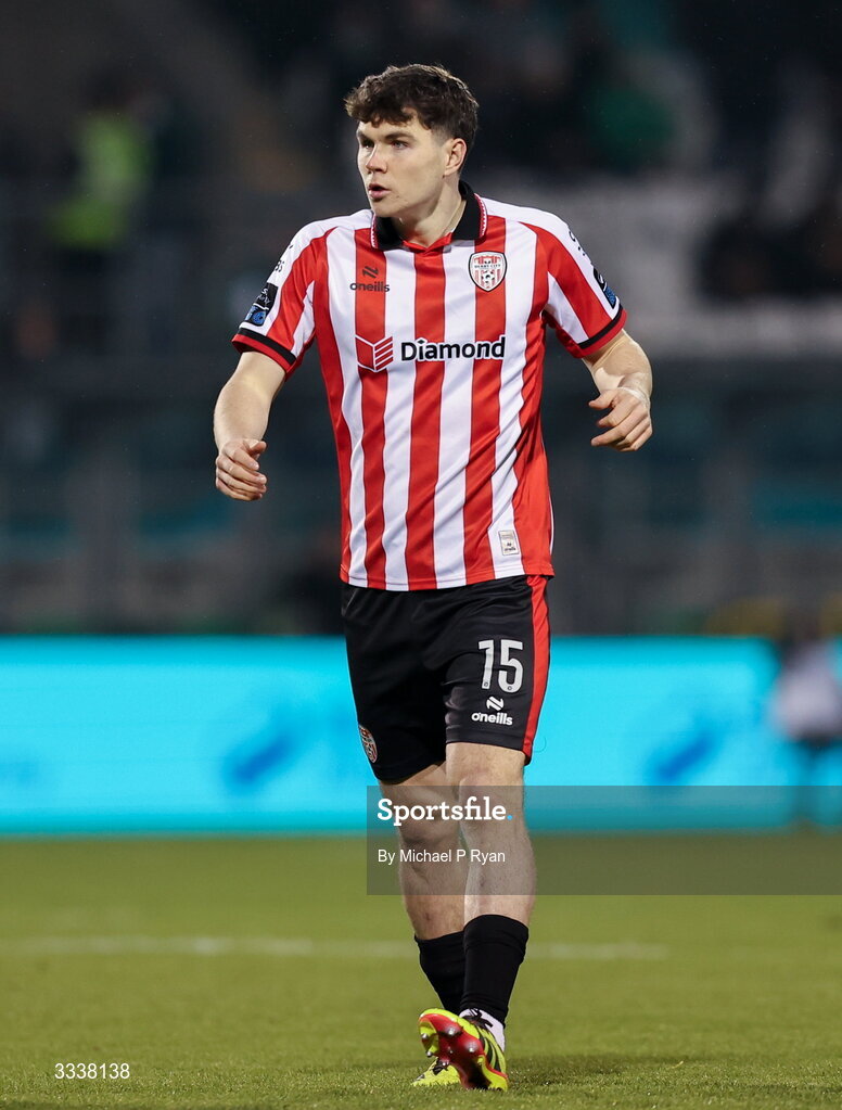 31 January 2026; James Clarke of Derry City during the 2026 Men's President's Cup final match between Shamrock Rovers and Derry City at Tallaght Stadium in Dublin. Photo by Michael P Ryan/Sportsfile