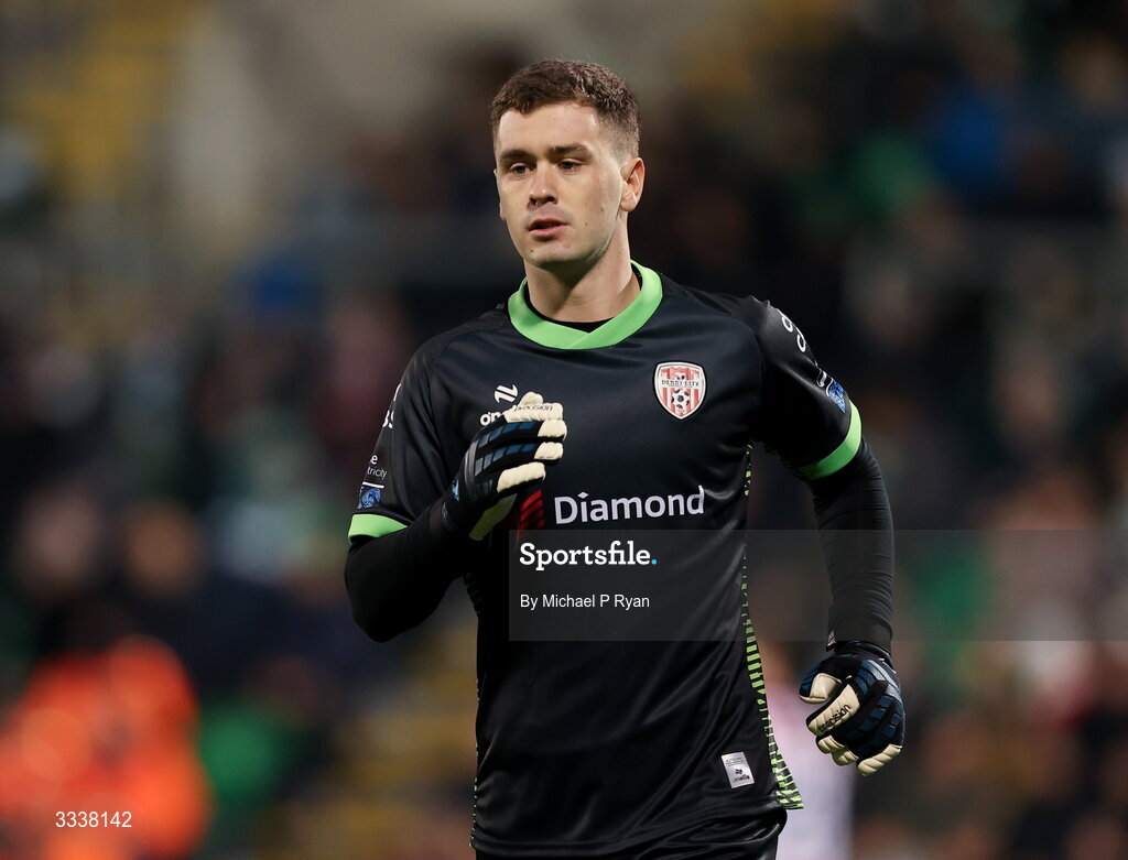 31 January 2026; Derry City goalkeeper Brian Maher during the 2026 Men's President's Cup final match between Shamrock Rovers and Derry City at Tallaght Stadium in Dublin. Photo by Michael P Ryan/Sportsfile