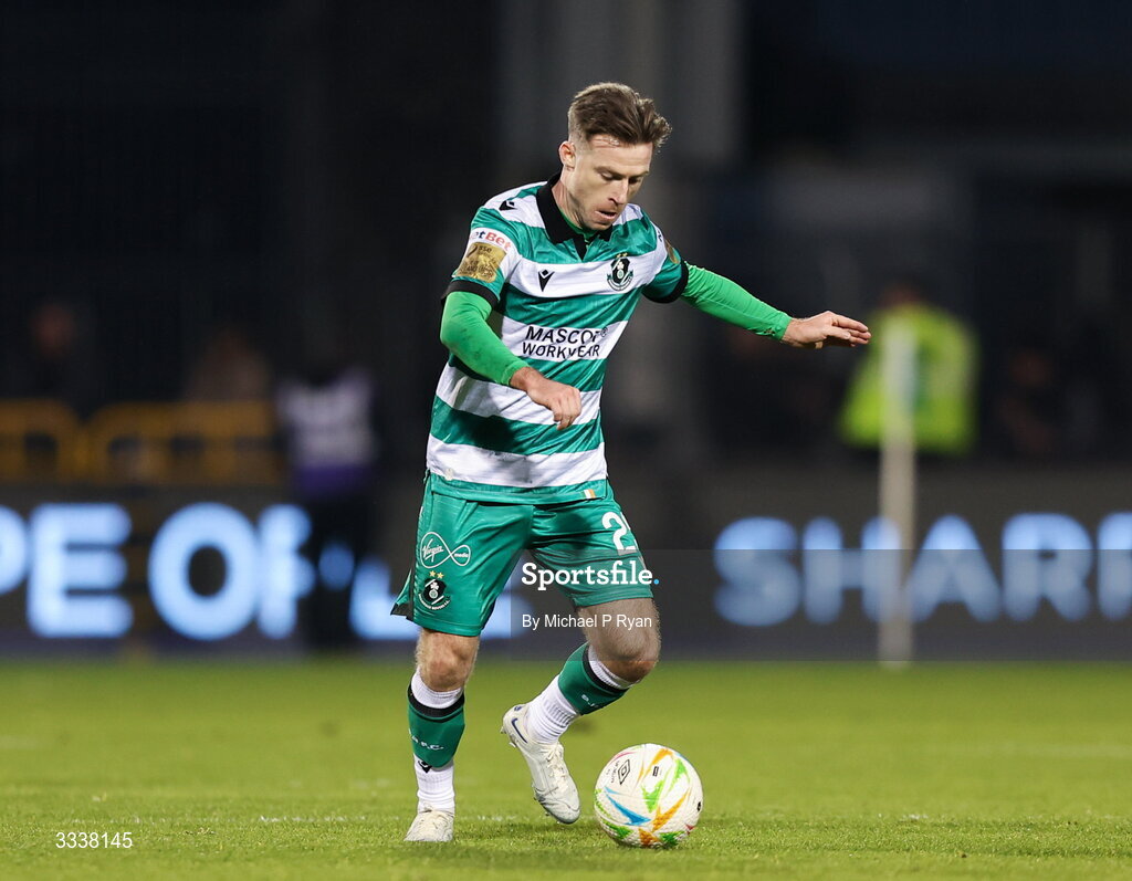 31 January 2026; Jack Byrne of Shamrock Rovers during the 2026 Men's President's Cup final match between Shamrock Rovers and Derry City at Tallaght Stadium in Dublin. Photo by Michael P Ryan/Sportsfile