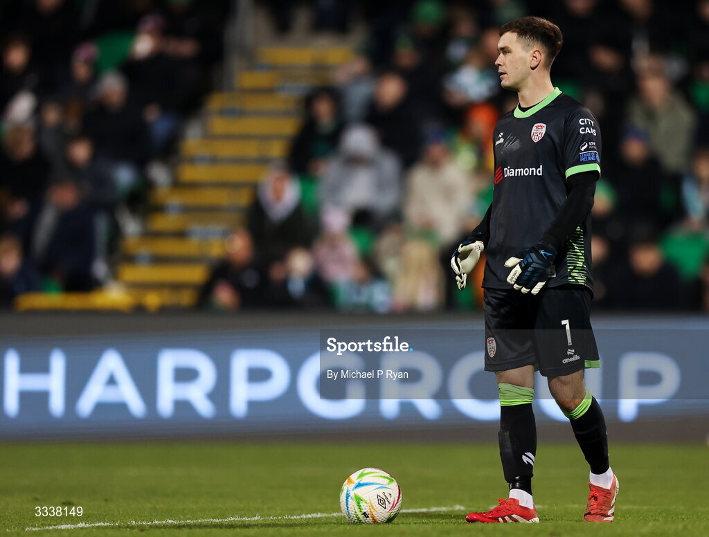 31 January 2026; Derry City goalkeeper Brian Maher during the 2026 Men's President's Cup final match between Shamrock Rovers and Derry City at Tallaght Stadium in Dublin. Photo by Michael P Ryan/Sportsfile