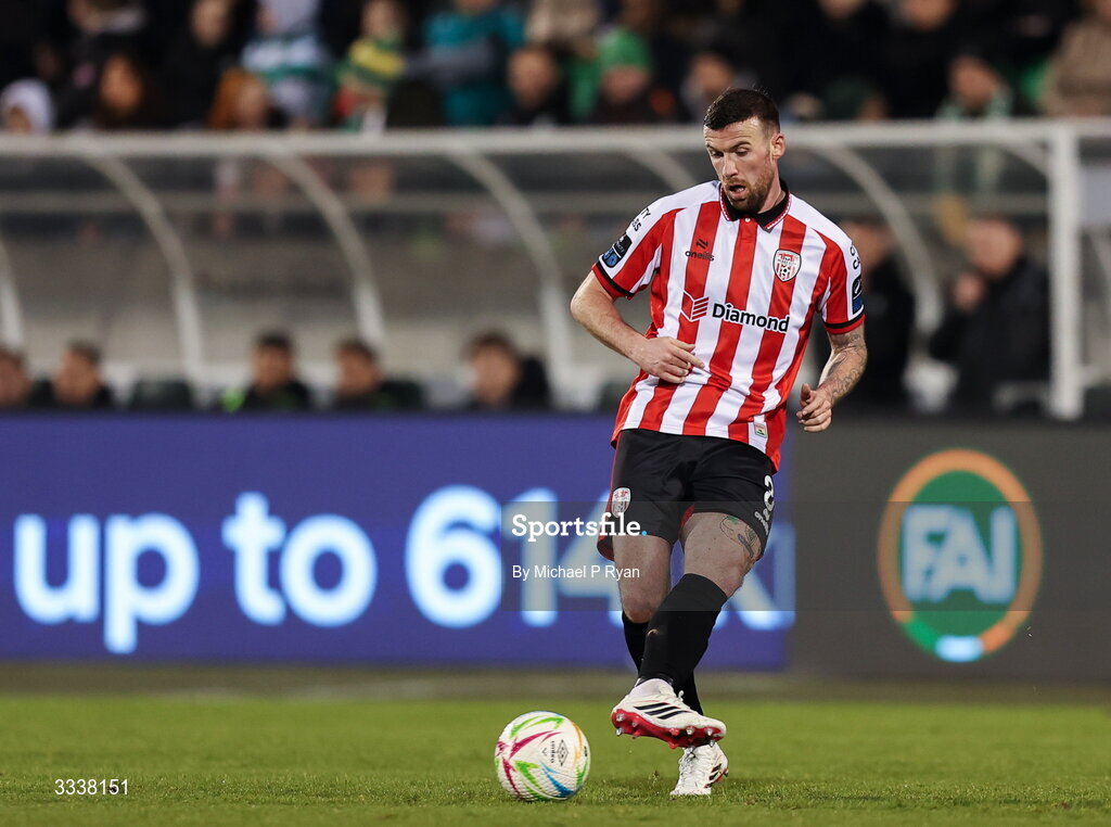 31 January 2026; Patrick McClean of Derry City during the 2026 Men's President's Cup final match between Shamrock Rovers and Derry City at Tallaght Stadium in Dublin. Photo by Michael P Ryan/Sportsfile