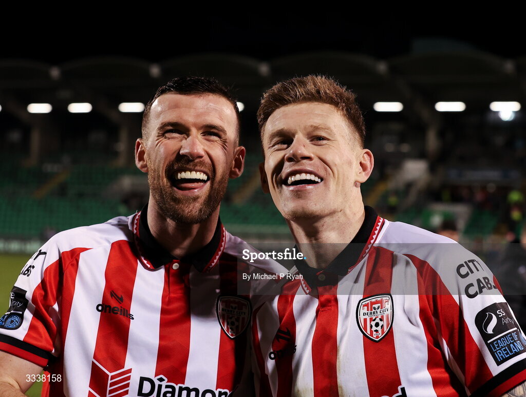 31 January 2026; Derry City players, Patrick McClean, left, and James McClean celebrate after the 2026 Men's President's Cup final match between Shamrock Rovers and Derry City at Tallaght Stadium in Dublin. Photo by Michael P Ryan/Sportsfile