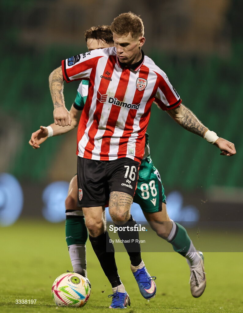 31 January 2026; James McClean of Derry City during the 2026 Men's President's Cup final match between Shamrock Rovers and Derry City at Tallaght Stadium in Dublin. Photo by Michael P Ryan/Sportsfile