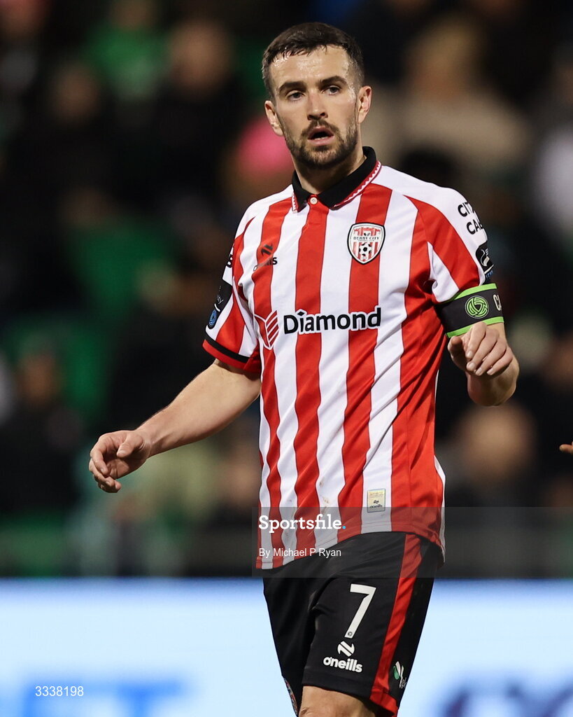 31 January 2026; Michael Duffy of Derry City during the 2026 Men's President's Cup final match between Shamrock Rovers and Derry City at Tallaght Stadium in Dublin. Photo by Michael P Ryan/Sportsfile