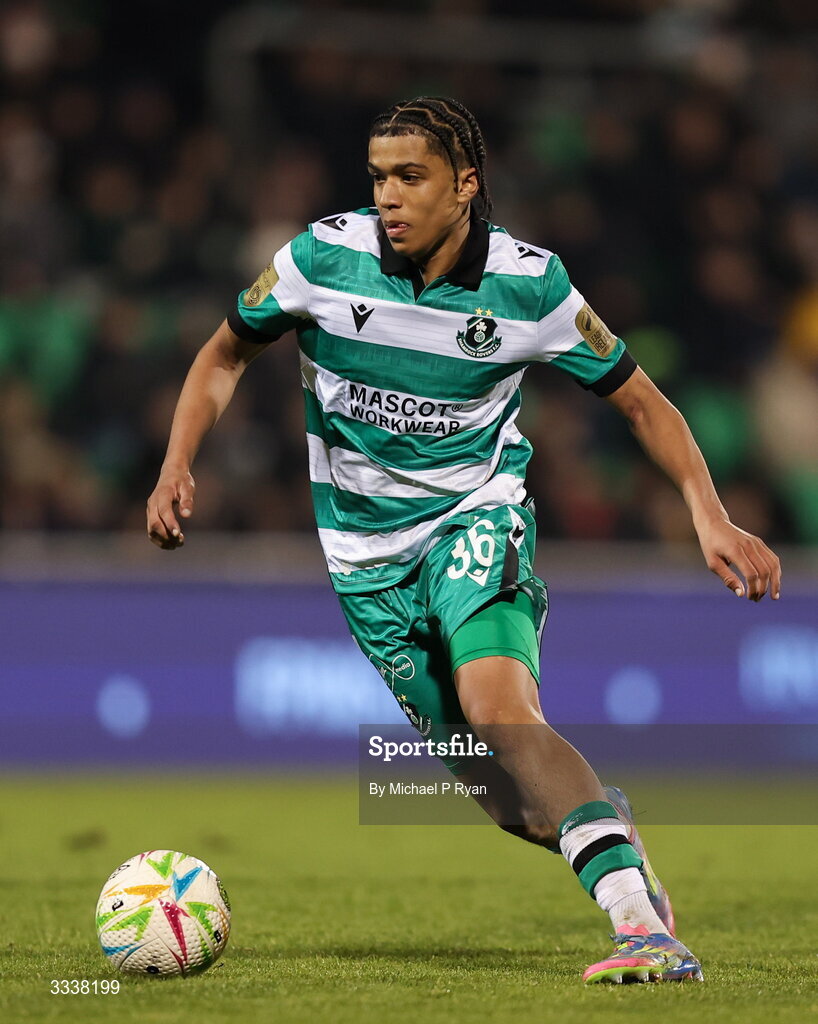 31 January 2026; Victor Ozhianvuna of Shamrock Rovers during the 2026 Men's President's Cup final match between Shamrock Rovers and Derry City at Tallaght Stadium in Dublin. Photo by Michael P Ryan/Sportsfile