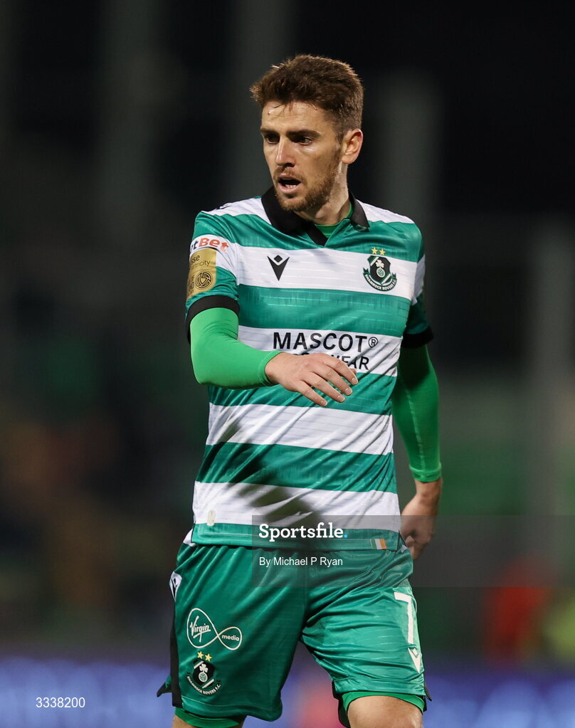 31 January 2026; Dylan Watts of Shamrock Rovers during the 2026 Men's President's Cup final match between Shamrock Rovers and Derry City at Tallaght Stadium in Dublin. Photo by Michael P Ryan/Sportsfile