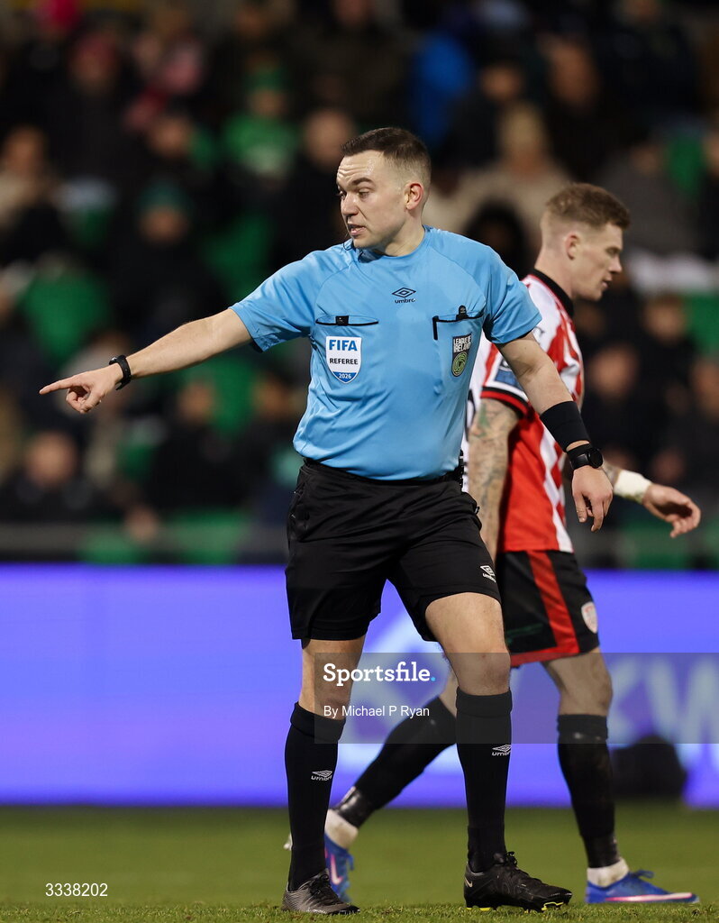 31 January 2026; Referee Kevin O'Sullivan during the 2026 Men's President's Cup final match between Shamrock Rovers and Derry City at Tallaght Stadium in Dublin. Photo by Michael P Ryan/Sportsfile