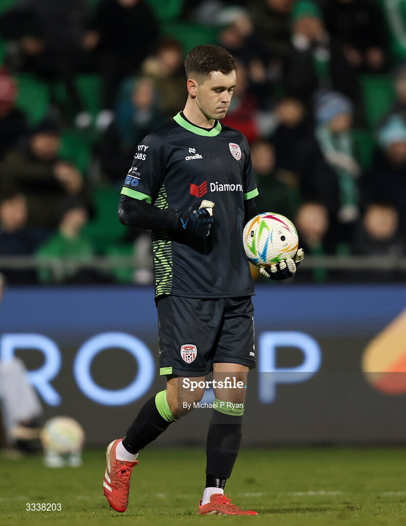 31 January 2026; Derry City goalkeeper Brian Maher during the 2026 Men's President's Cup final match between Shamrock Rovers and Derry City at Tallaght Stadium in Dublin. Photo by Michael P Ryan/Sportsfile