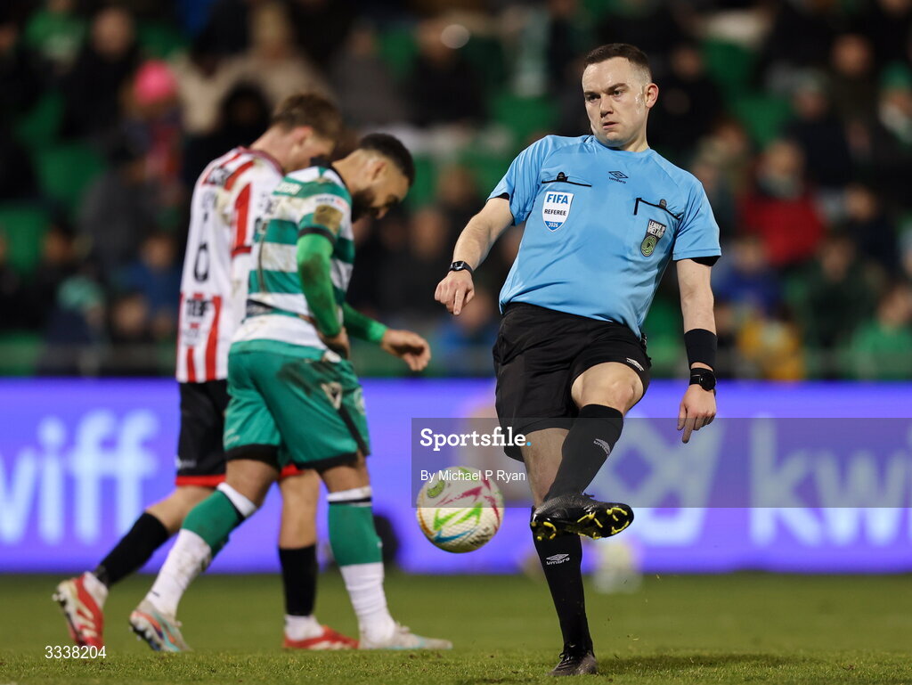 31 January 2026; Referee Kevin O'Sullivan during the 2026 Men's President's Cup final match between Shamrock Rovers and Derry City at Tallaght Stadium in Dublin. Photo by Michael P Ryan/Sportsfile