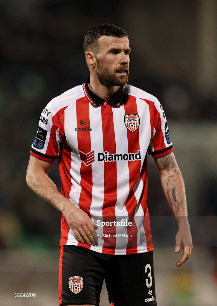 31 January 2026; Patrick McClean of Derry City during the 2026 Men's President's Cup final match between Shamrock Rovers and Derry City at Tallaght Stadium in Dublin. Photo by Michael P Ryan/Sportsfile