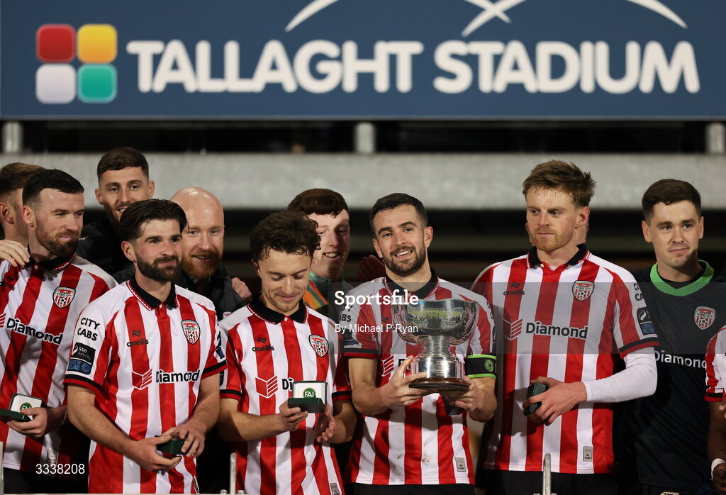 31 January 2026;  Derry City captain Michael Duffy lifts the President's Cup after the 2026 Men's President's Cup final match between Shamrock Rovers and Derry City at Tallaght Stadium in Dublin. Photo by Michael P Ryan/Sportsfile