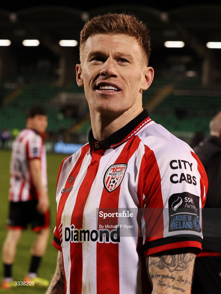 31 January 2026; James McClean of Derry City after the 2026 Men's President's Cup final match between Shamrock Rovers and Derry City at Tallaght Stadium in Dublin. Photo by Michael P Ryan/Sportsfile